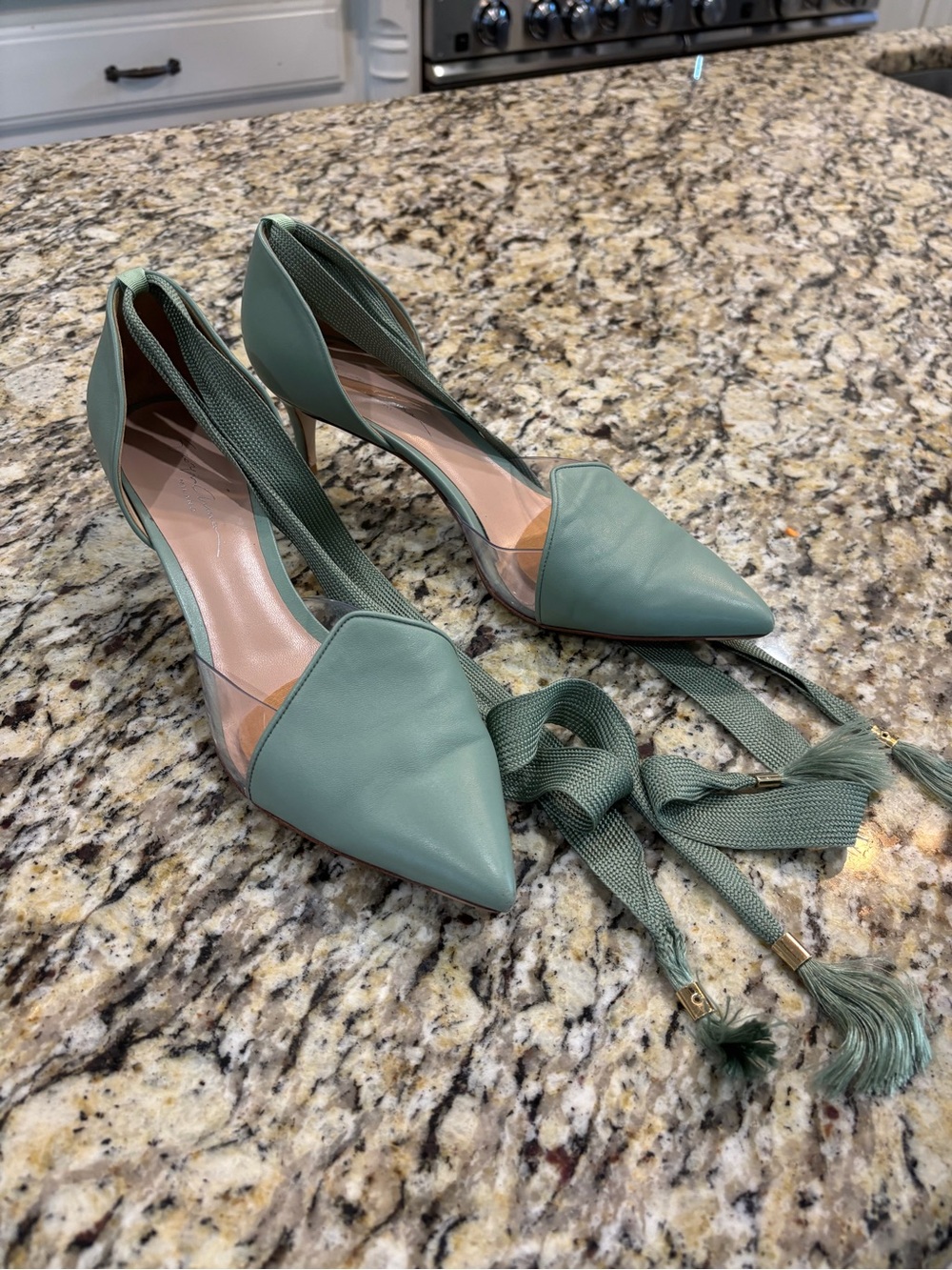 Giorgio Armani Mint Green Pointed-Toe Lace-Up Kitten Heels
